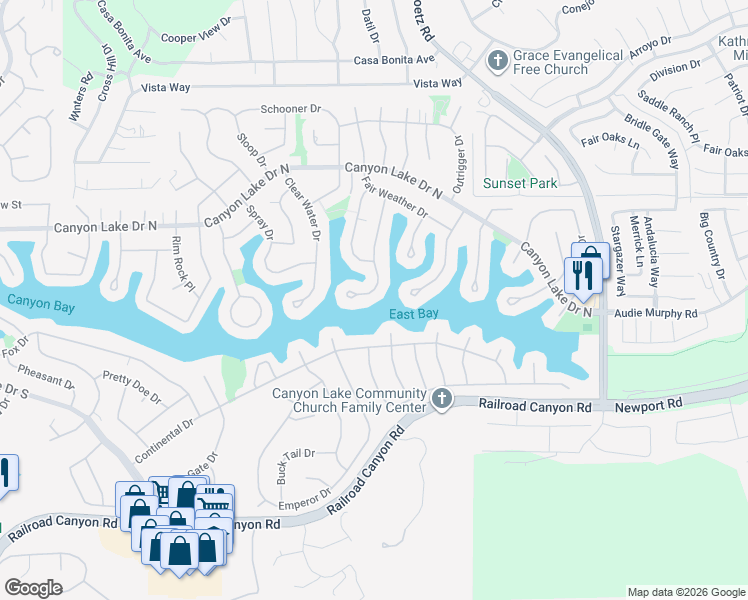 map of restaurants, bars, coffee shops, grocery stores, and more near 30336 Point Marina Drive in Canyon Lake
