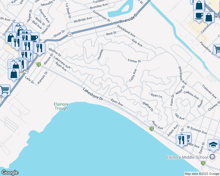 map of restaurants, bars, coffee shops, grocery stores, and more near Cowell Street in Lake Elsinore