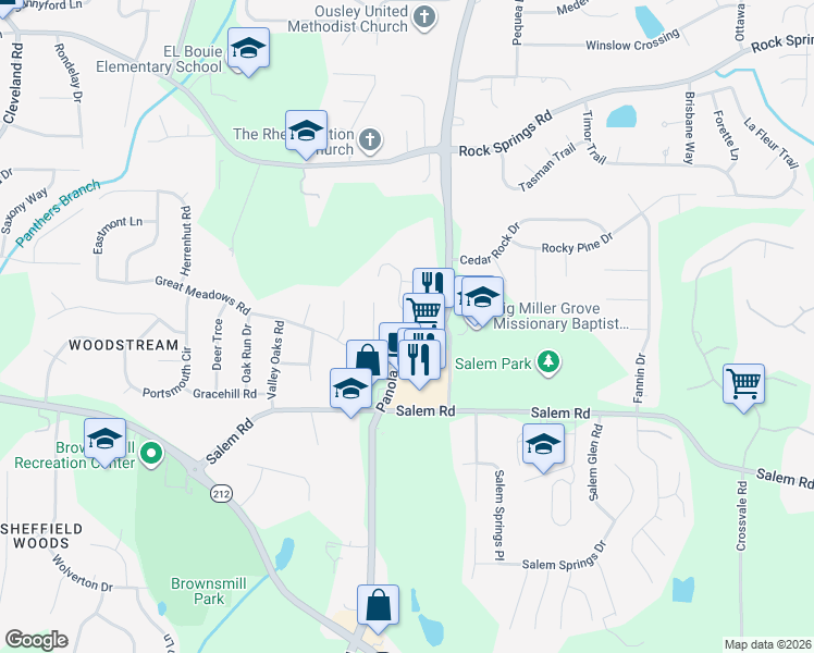 map of restaurants, bars, coffee shops, grocery stores, and more near Oaktree Lane in Stonecrest