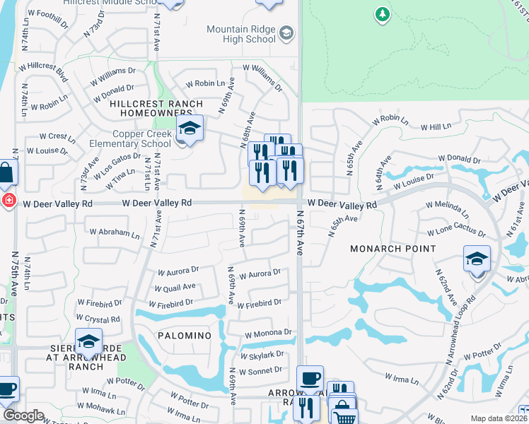 map of restaurants, bars, coffee shops, grocery stores, and more near 21703 North 67th Lane in Glendale