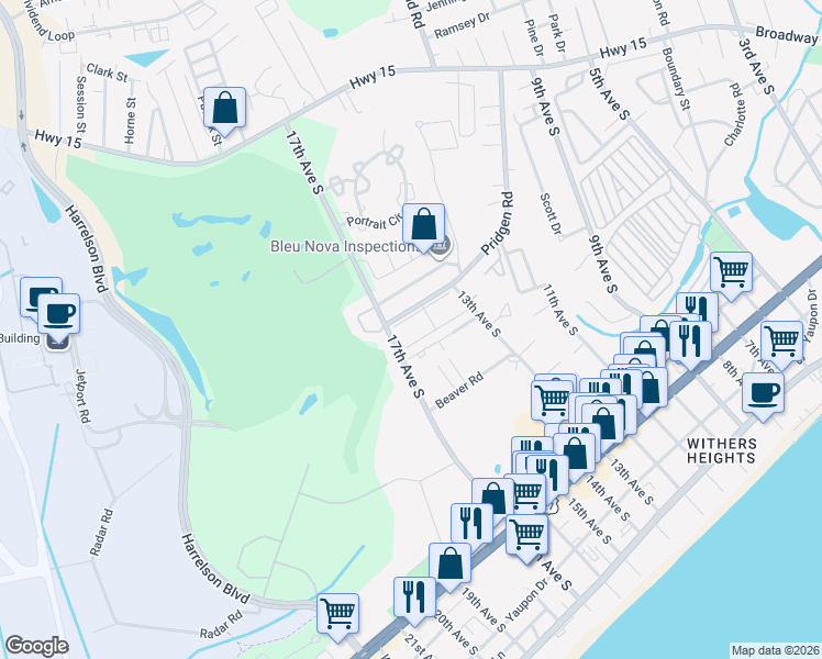 map of restaurants, bars, coffee shops, grocery stores, and more near 1301 Pridgen Road in Myrtle Beach