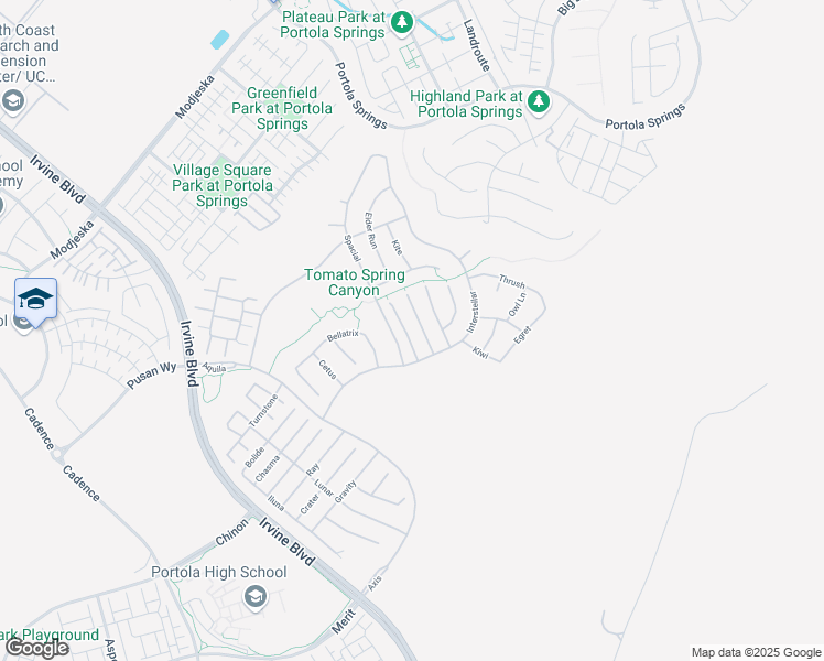 map of restaurants, bars, coffee shops, grocery stores, and more near 63 Einstein Way in Irvine