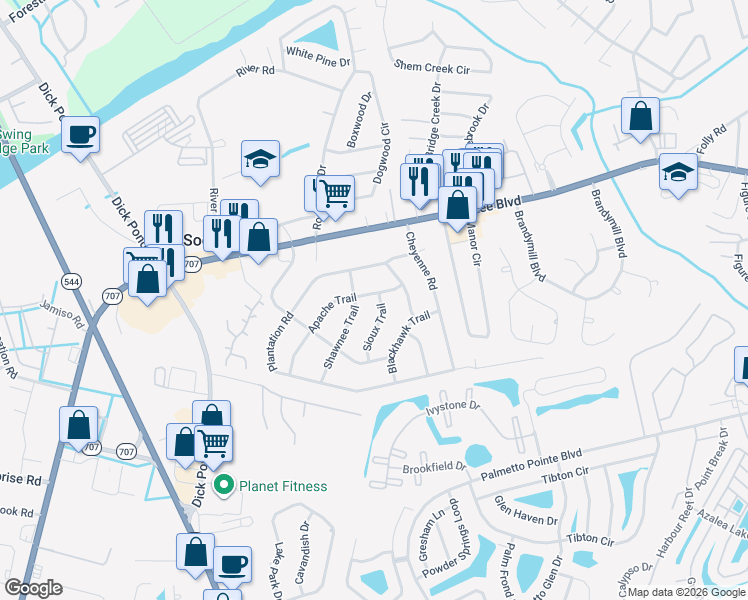 map of restaurants, bars, coffee shops, grocery stores, and more near 4 Sioux Trail in Myrtle Beach