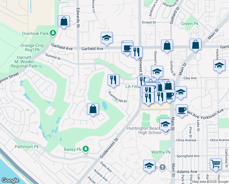map of restaurants, bars, coffee shops, grocery stores, and more near 19321 Manor Point Circle in Huntington Beach