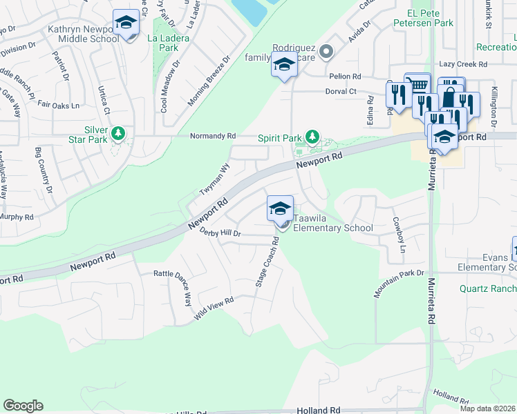 map of restaurants, bars, coffee shops, grocery stores, and more near 25303 Water Wheel Court in Menifee