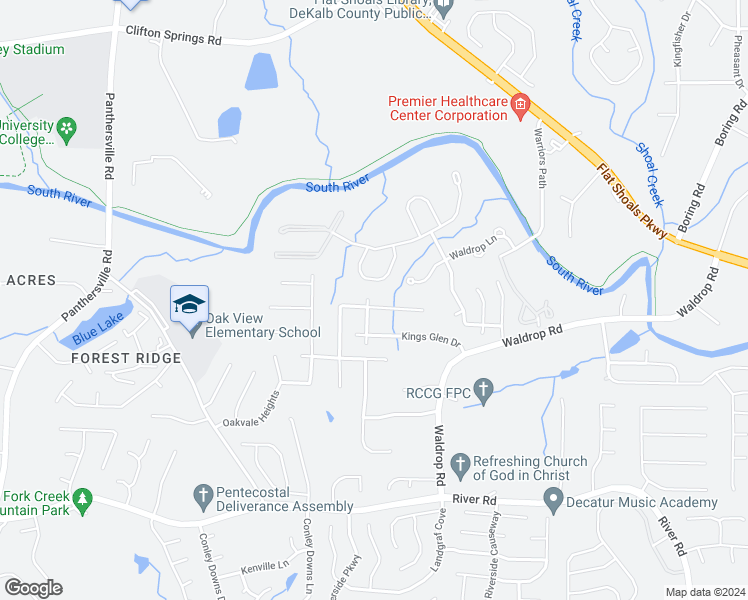 map of restaurants, bars, coffee shops, grocery stores, and more near 3124 Kings Glen Trail in Decatur