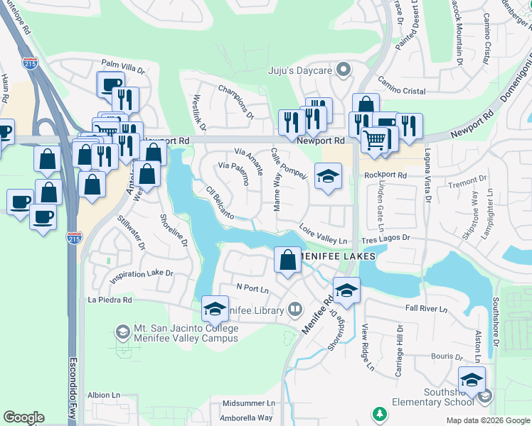 map of restaurants, bars, coffee shops, grocery stores, and more near 30309 Calle Belcanto in Menifee