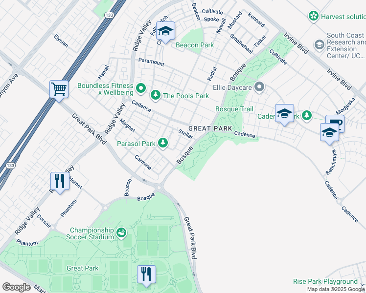 map of restaurants, bars, coffee shops, grocery stores, and more near 186 Stellar in Irvine