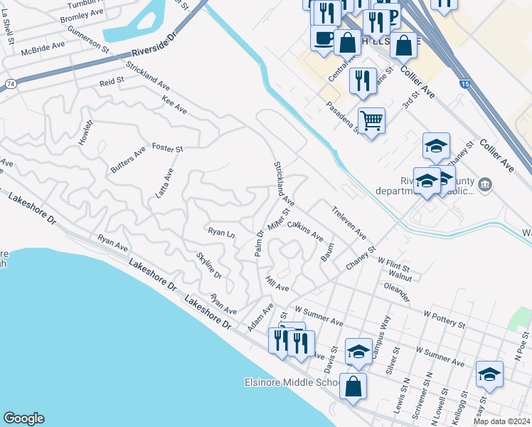 map of restaurants, bars, coffee shops, grocery stores, and more near Palm Drive in Lake Elsinore