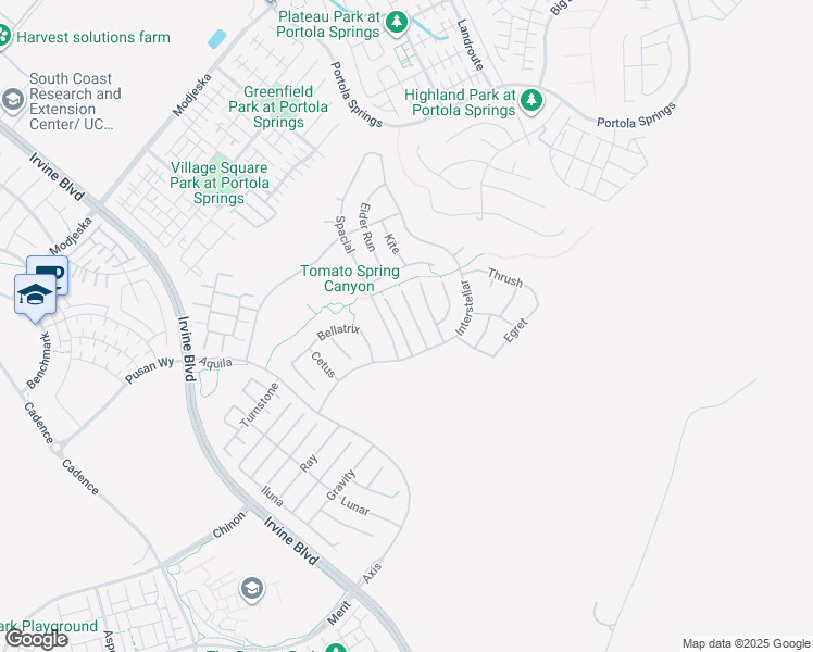 map of restaurants, bars, coffee shops, grocery stores, and more near 63 Einstein Way in Irvine