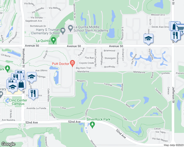 map of restaurants, bars, coffee shops, grocery stores, and more near 79215 Mandarina in La Quinta