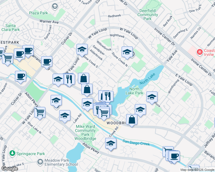 map of restaurants, bars, coffee shops, grocery stores, and more near 4 Woodlake in Irvine