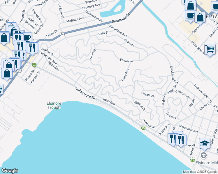 map of restaurants, bars, coffee shops, grocery stores, and more near Barkschat Drive in Lake Elsinore