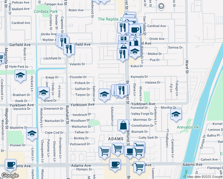 map of restaurants, bars, coffee shops, grocery stores, and more near 19361 Brookhurst Street in Huntington Beach