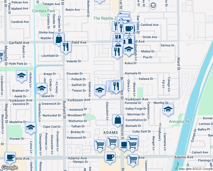 map of restaurants, bars, coffee shops, grocery stores, and more near 19361 Brookhurst Street in Huntington Beach
