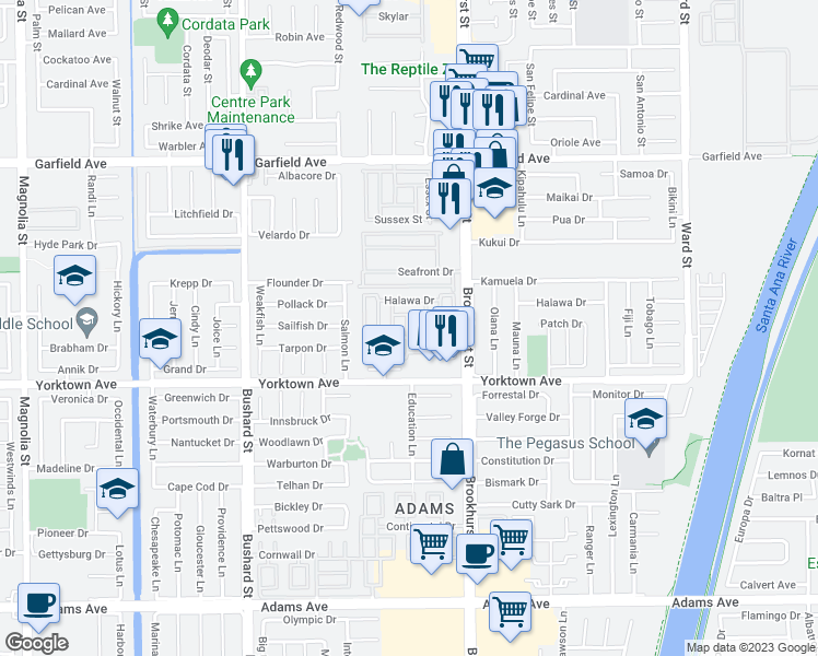 map of restaurants, bars, coffee shops, grocery stores, and more near 9811 Fair Tide Circle in Huntington Beach