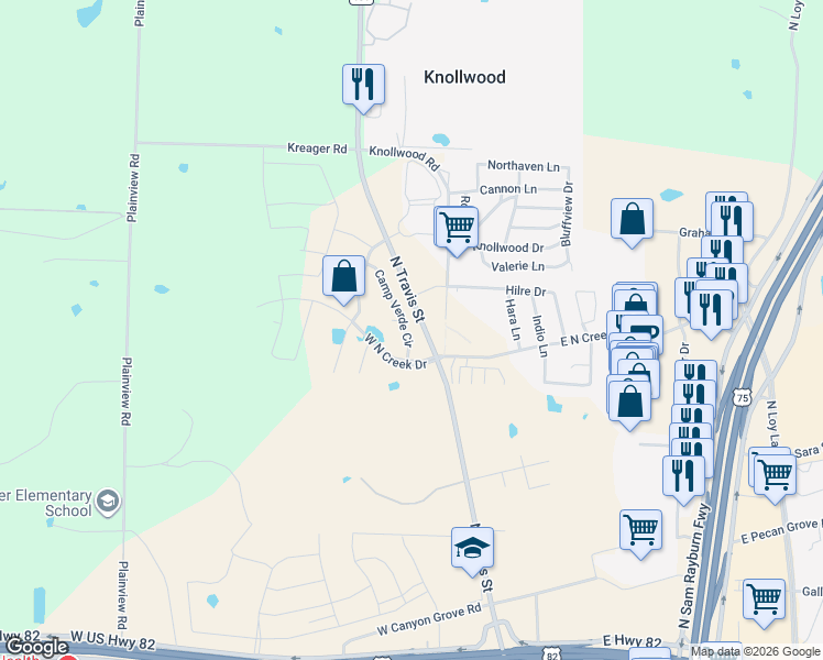 map of restaurants, bars, coffee shops, grocery stores, and more near 4721 Camp Verde Circle in Sherman