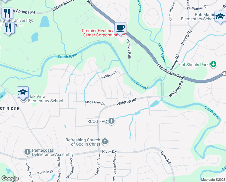 map of restaurants, bars, coffee shops, grocery stores, and more near 3478 Kingswood Trail in Decatur