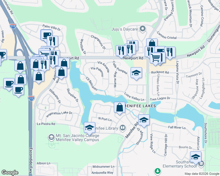 map of restaurants, bars, coffee shops, grocery stores, and more near 30309 Calle Belcanto in Menifee