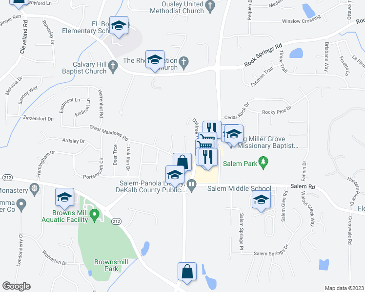 map of restaurants, bars, coffee shops, grocery stores, and more near 5192 Great Meadows Road in Lithonia