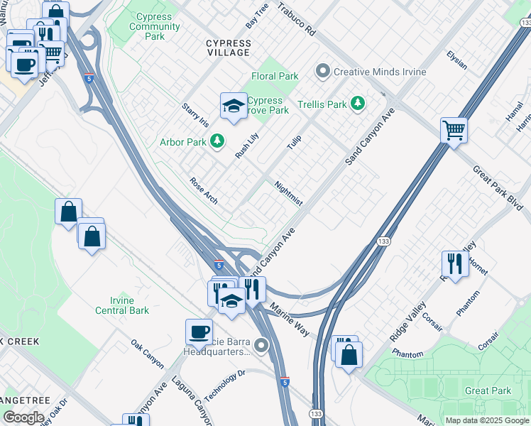 map of restaurants, bars, coffee shops, grocery stores, and more near 75 Evening Sun in Irvine