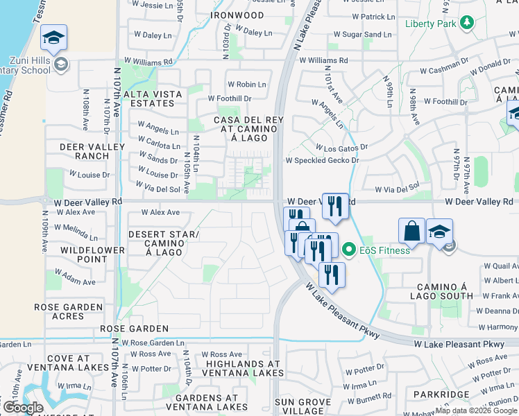 map of restaurants, bars, coffee shops, grocery stores, and more near 10263-10349 W Deer Valley Rd in Peoria