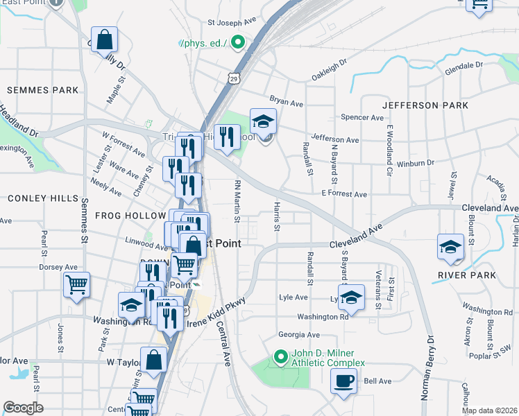 map of restaurants, bars, coffee shops, grocery stores, and more near 1457 Fulton Avenue in East Point
