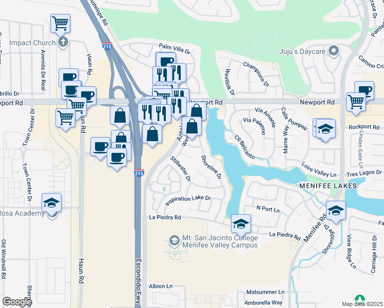 map of restaurants, bars, coffee shops, grocery stores, and more near 28242 Windsail Court in Menifee