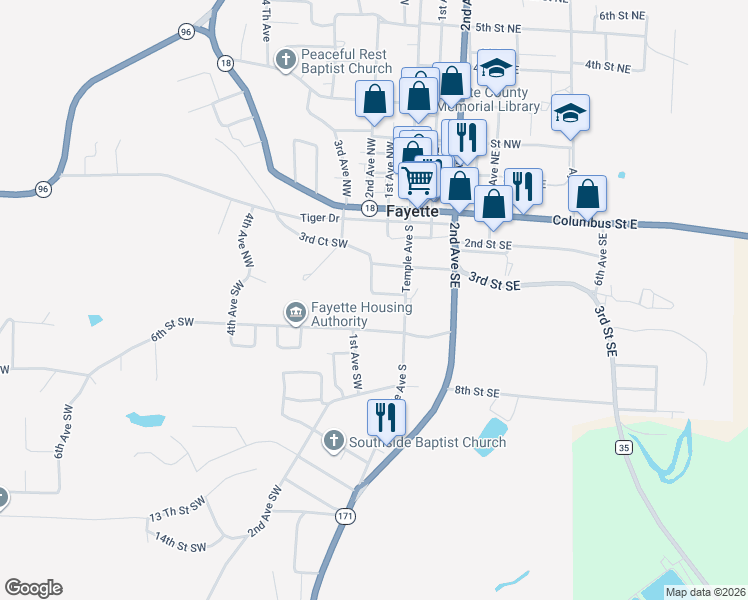 map of restaurants, bars, coffee shops, grocery stores, and more near 5 Th Street Southwest in Fayette