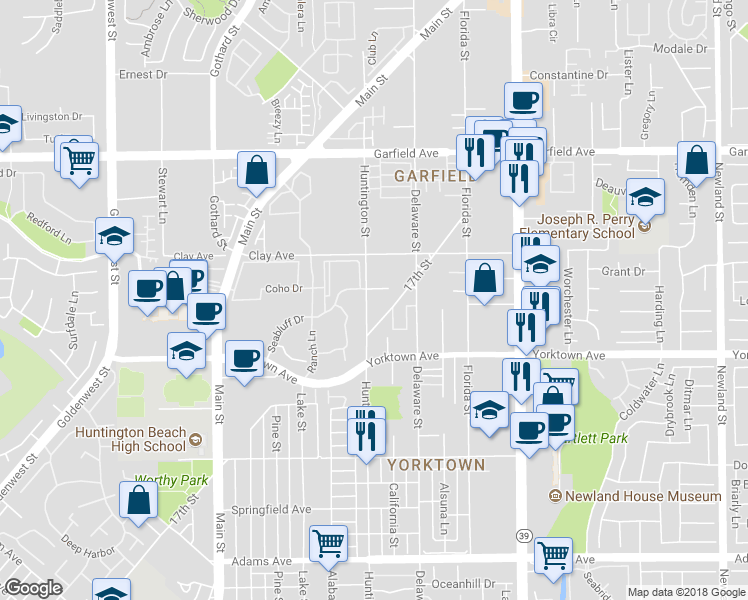 map of restaurants, bars, coffee shops, grocery stores, and more near 2702 Huntington St in Huntington Beach