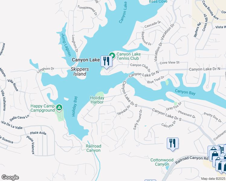map of restaurants, bars, coffee shops, grocery stores, and more near 22280 Village Way Drive in Canyon Lake