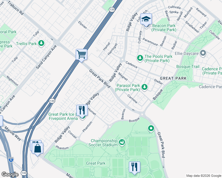 map of restaurants, bars, coffee shops, grocery stores, and more near 157 Great Park Boulevard in Irvine
