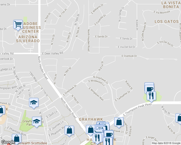 map of restaurants, bars, coffee shops, grocery stores, and more near 8030 East Whistling Wind Way in Scottsdale