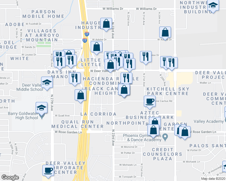map of restaurants, bars, coffee shops, grocery stores, and more near 21427 North 23rd Avenue in Phoenix