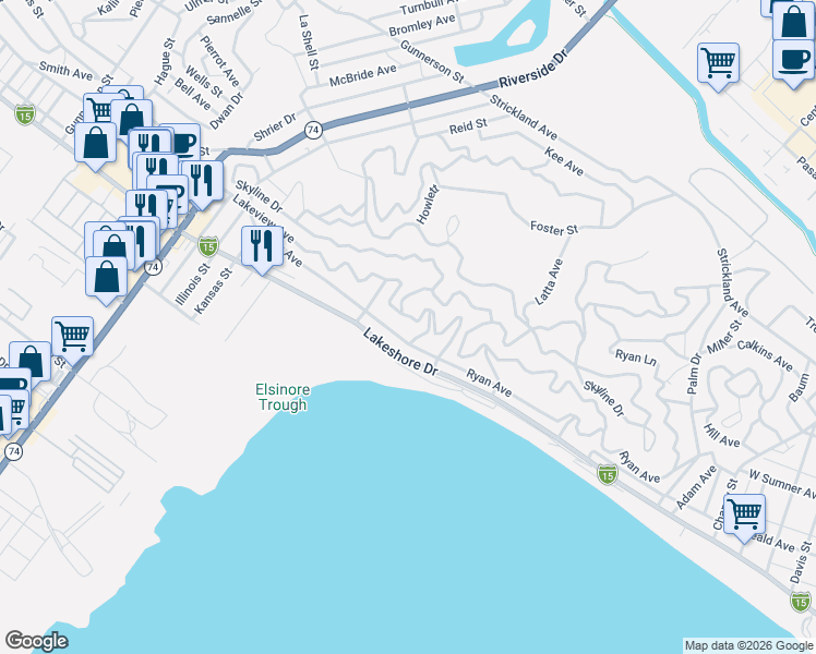 map of restaurants, bars, coffee shops, grocery stores, and more near Lakeview Avenue in Lake Elsinore