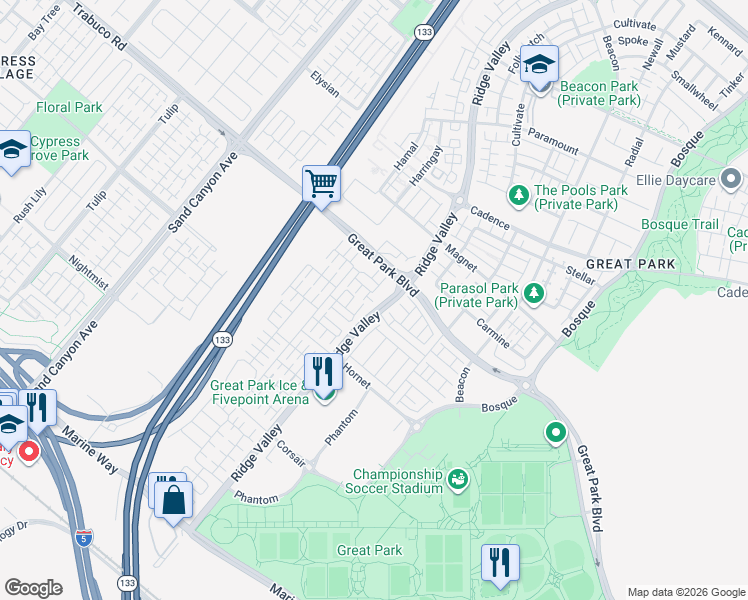 map of restaurants, bars, coffee shops, grocery stores, and more near 5197 2nd Street in Irvine