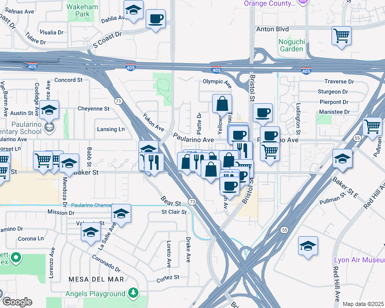 map of restaurants, bars, coffee shops, grocery stores, and more near 3011 Jeffrey Drive in Costa Mesa