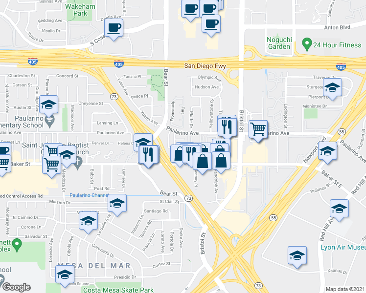 map of restaurants, bars, coffee shops, grocery stores, and more near 3011 Jeffrey Drive in Costa Mesa