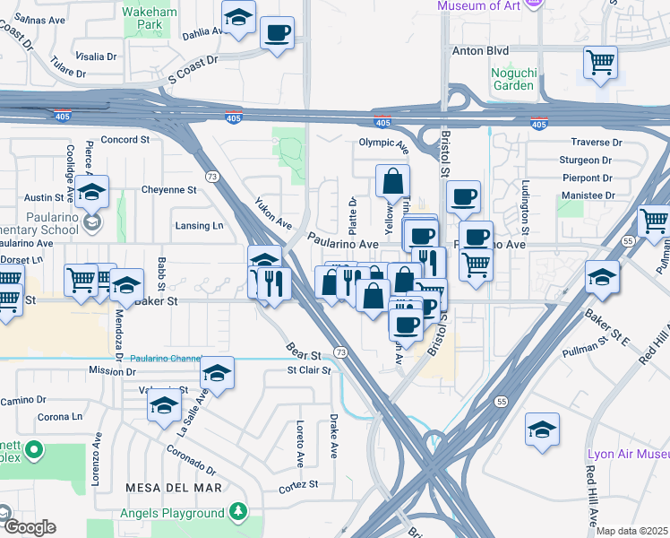 map of restaurants, bars, coffee shops, grocery stores, and more near 3011 Jeffrey Drive in Costa Mesa