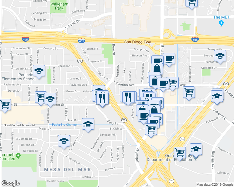 map of restaurants, bars, coffee shops, grocery stores, and more near 3011 Jeffrey Drive in Costa Mesa