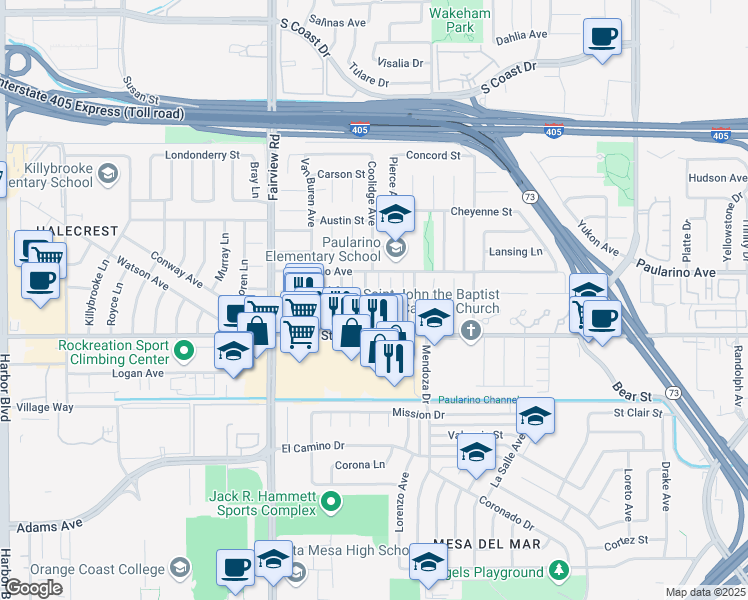 map of restaurants, bars, coffee shops, grocery stores, and more near 3017 Fillmore Way in Costa Mesa