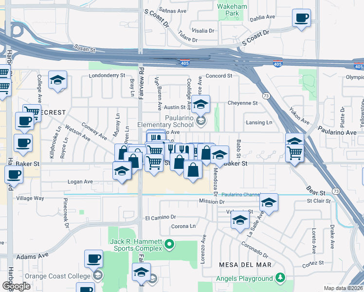 map of restaurants, bars, coffee shops, grocery stores, and more near 3012 Cleveland Avenue in Costa Mesa