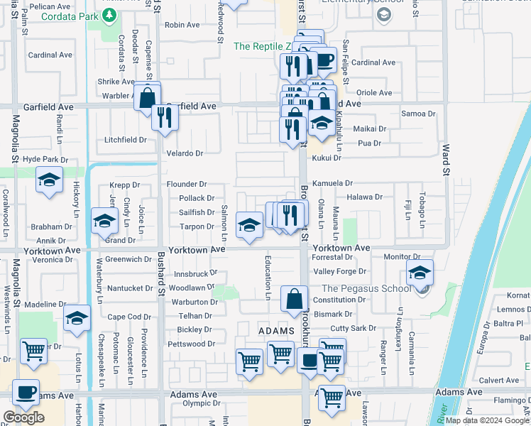 map of restaurants, bars, coffee shops, grocery stores, and more near 9811 Fair Tide Circle in Huntington Beach