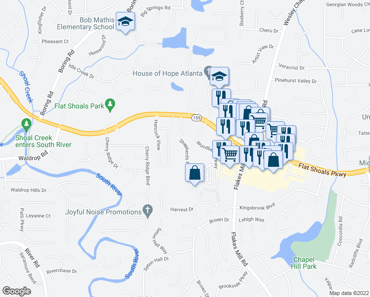 map of restaurants, bars, coffee shops, grocery stores, and more near 3484 Shepherds Path in Decatur