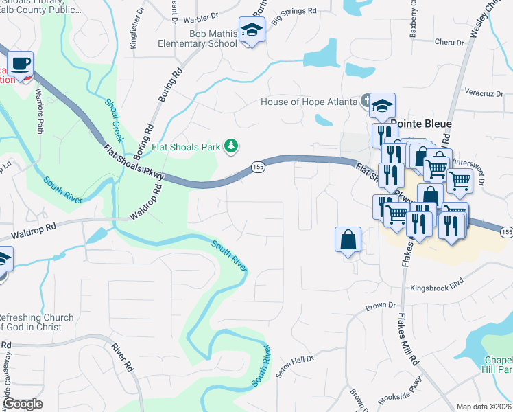 map of restaurants, bars, coffee shops, grocery stores, and more near 3636 Cherry Hill Place in Decatur