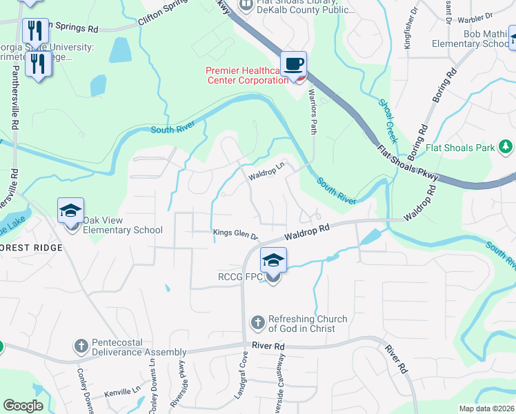 map of restaurants, bars, coffee shops, grocery stores, and more near 3202 Kingswood Place in Decatur