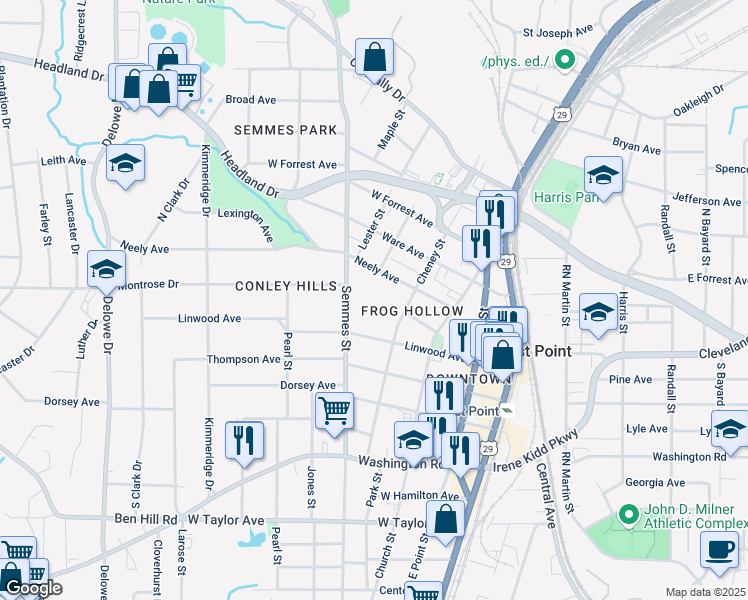 map of restaurants, bars, coffee shops, grocery stores, and more near Cheney Street in East Point