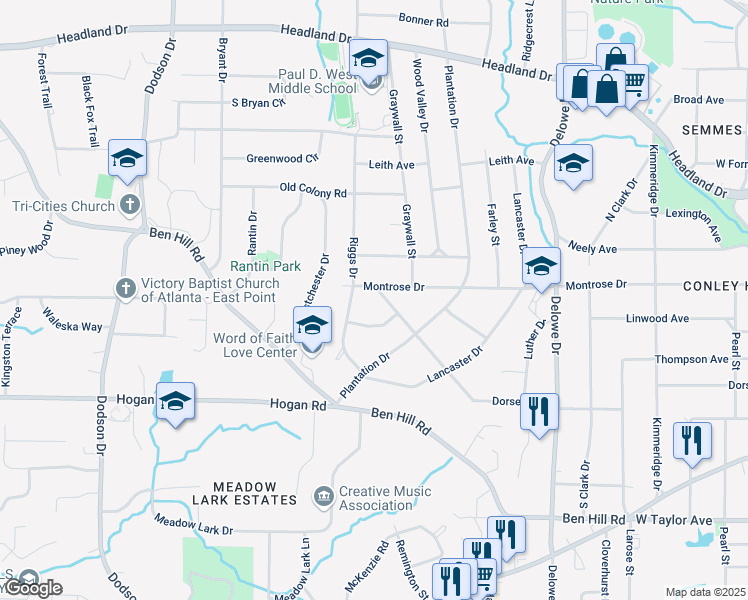 map of restaurants, bars, coffee shops, grocery stores, and more near 2330 Dorsey Avenue in East Point