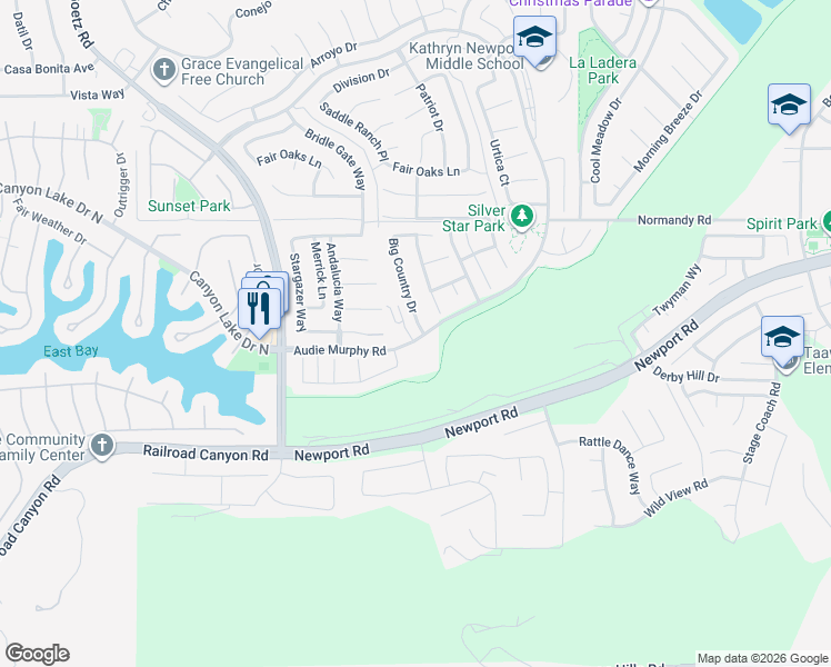 map of restaurants, bars, coffee shops, grocery stores, and more near 24331 Audie Murphy Road in Menifee