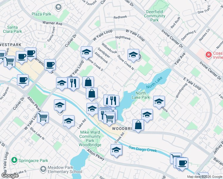 map of restaurants, bars, coffee shops, grocery stores, and more near 4 Woodlake in Irvine